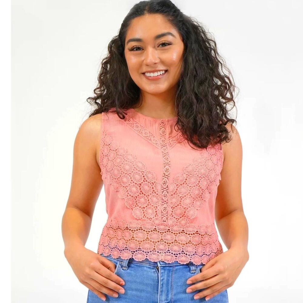 Self Esteem Womens Crochet Tank Top SZ XL Coral Pink Y2K Tie Back Cropped Fairy